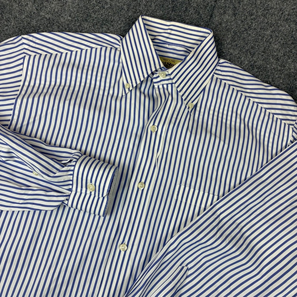 Paul Stuart Mens Blue White Striped Button Down Shirt Made in Italy 15.5 35